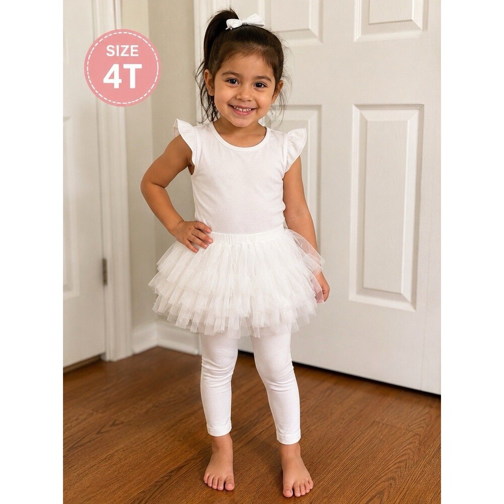 Girls White Tutu Skirt Leggings Size 4T 110 Ballet Dance Party Cotton Tulle